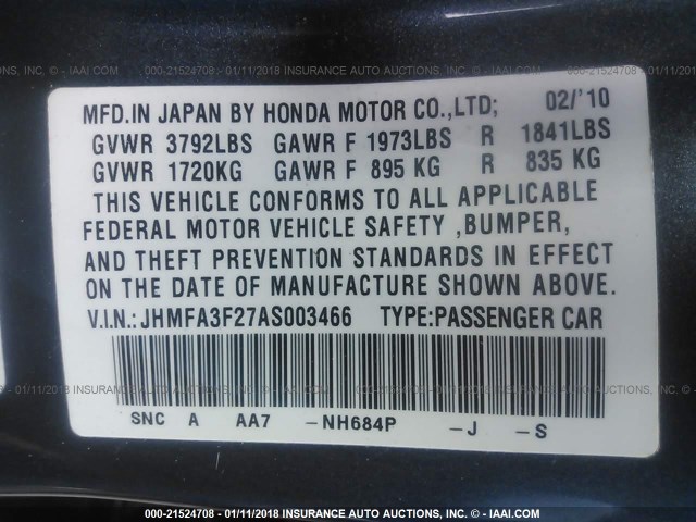 JHMFA3F27AS003466 - 2010 HONDA CIVIC HYBRID BLUE photo 9