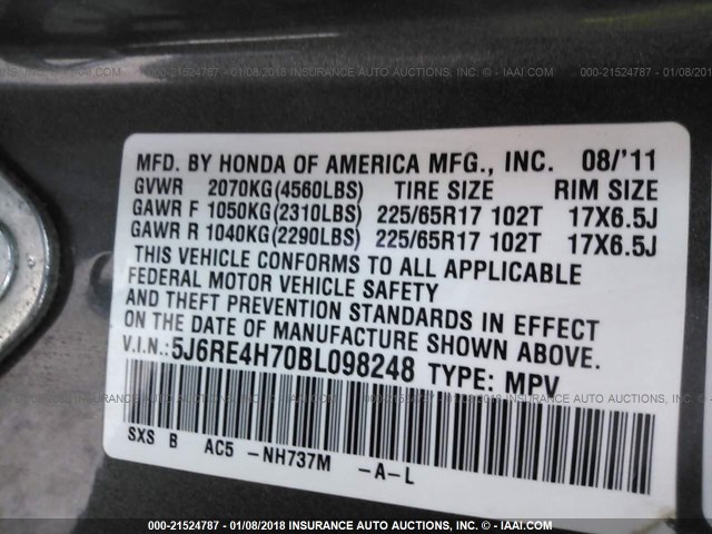 5J6RE4H70BL098248 - 2011 HONDA CR-V EXL GRAY photo 9