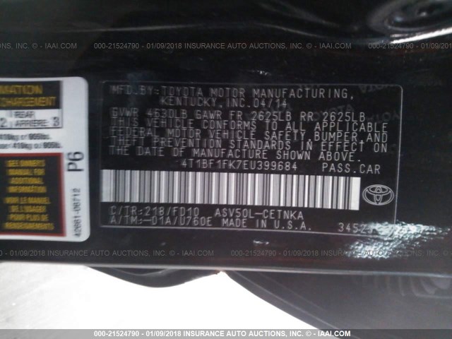 4T1BF1FK7EU399684 - 2014 TOYOTA CAMRY L/SE/LE/XLE 黑色 照片 9