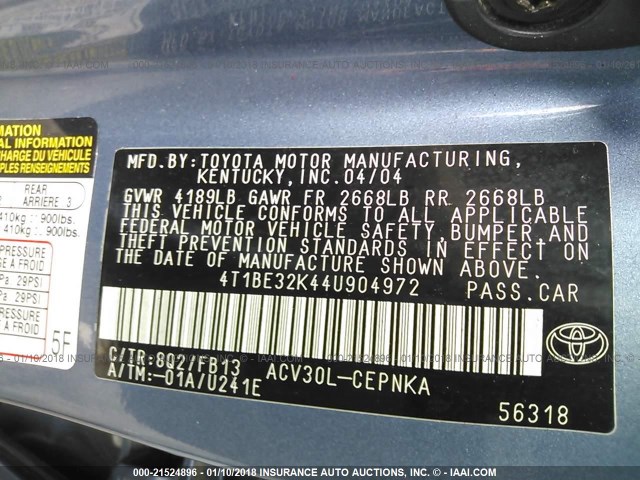 4T1BE32K44U904972 - 2004 TOYOTA CAMRY LE/XLE/SE BLUE photo 9