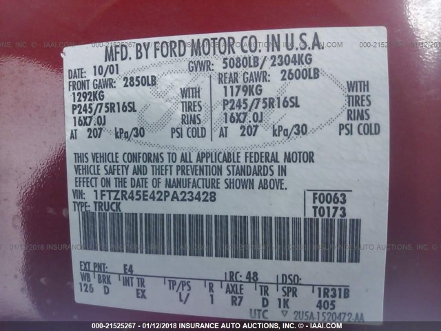 1FTZR45E42PA23428 - 2002 FORD RANGER SUPER CAB RED photo 9