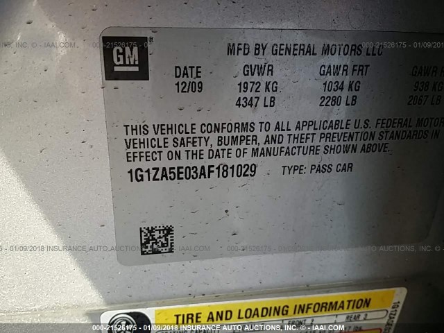 1G1ZA5E03AF181029 - 2010 CHEVROLET MALIBU LS ვერცხლისფერი ფოტო 9