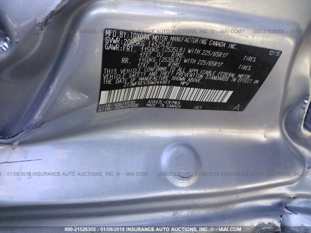 2T3WFREV3GW244961 - 2016 TOYOTA RAV4 XLE SILVER photo 9