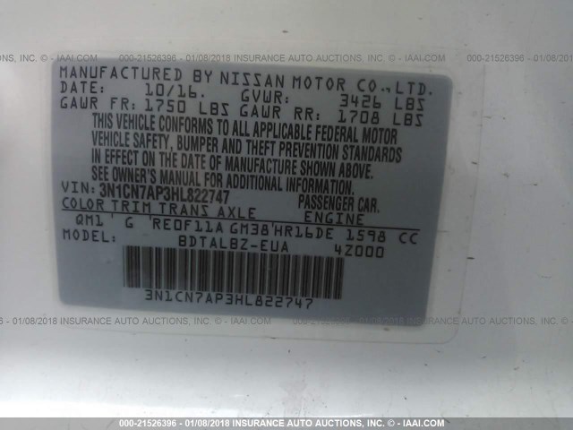 3N1CN7AP3HL822747 - 2017 NISSAN VERSA S/S PLUS/SV/SL WHITE photo 9