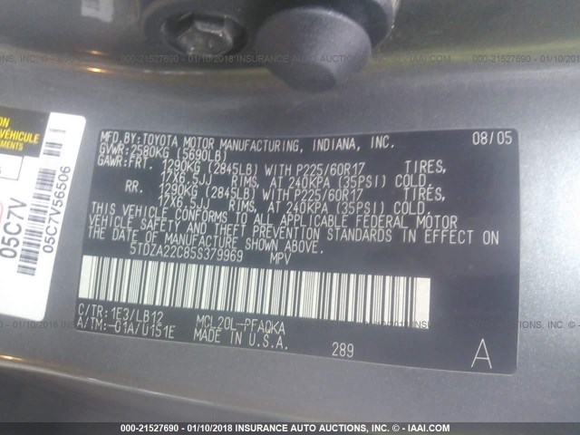 5TDZA22C85S379969 - 2005 TOYOTA SIENNA XLE/XLE LIMITED GRAY photo 9