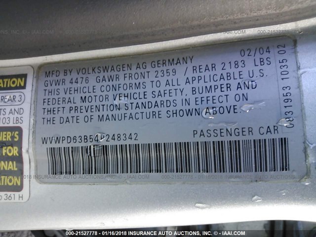 WVWPD63B54P248342 - 2004 VOLKSWAGEN PASSAT GLS SILVER photo 9