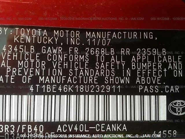 4T1BE46K18U232911 - 2008 TOYOTA CAMRY CE/LE/XLE/SE RED photo 9