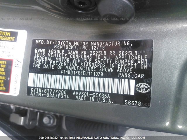 4T1BD1FK1EU111079 - 2014 TOYOTA CAMRY HYBRID/LE/XLE 灰色 照片 9