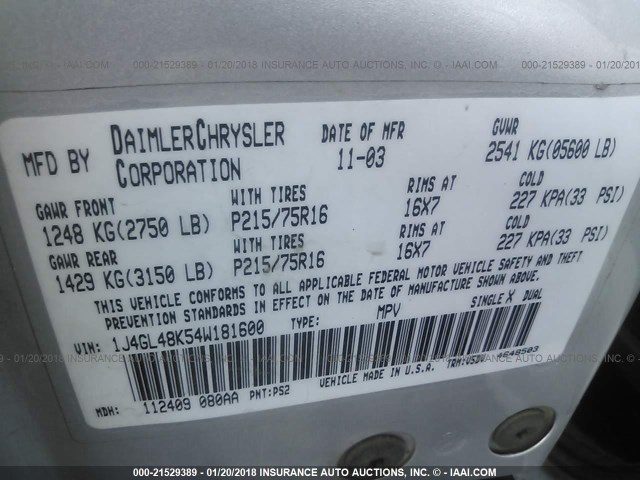 1J4GL48K54W181600 - 2004 JEEP LIBERTY SPORT 银色 照片 9