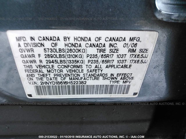 2HNYD18616H522382 - 2006 ACURA MDX TOURING BLUE photo 9