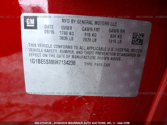 1G1BE5SM6H7134238 - 2017 CHEVROLET CRUZE LT RED photo 9