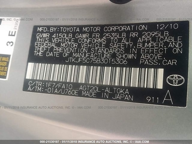 JTKJF5C75B3015306 - 2011 TOYOTA SCION TC 银色 照片 9