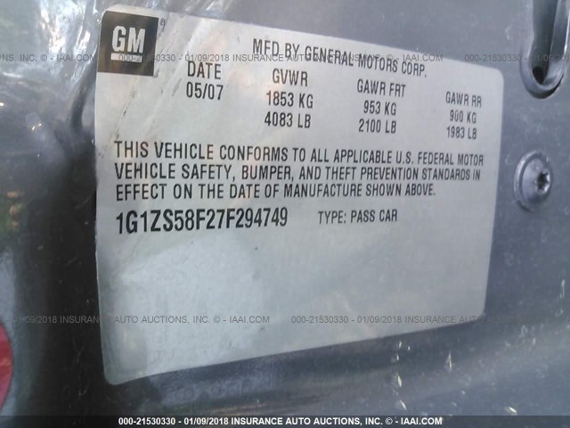 1G1ZS58F27F294749 - 2007 CHEVROLET MALIBU LS ნაცრისფერი ფოტო 9