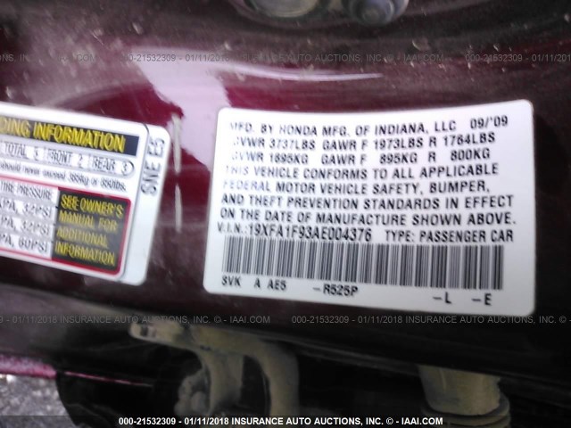 19XFA1F93AE004376 - 2010 HONDA CIVIC EXL MAROON photo 9