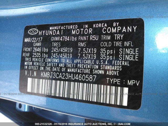 KM8J3CA23HU460587 - 2017 HYUNDAI TUCSON LIMITED/SPORT AND ECO/SE BLUE photo 9