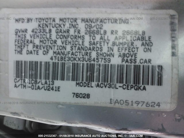 4T1BE30KX3U645759 - 2003 TOYOTA CAMRY LE/XLE/SE SILVER photo 9