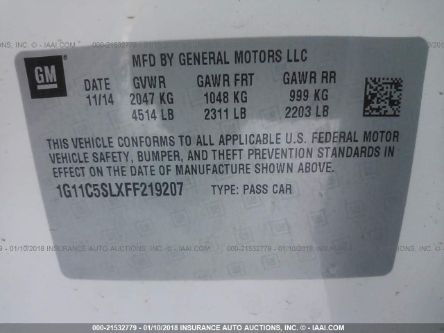 1G11C5SLXFF219207 - 2015 CHEVROLET MALIBU 1LT 白色 照片 9