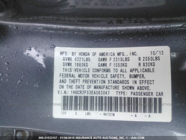 1HGCR2F53EA063047 - 2014 HONDA ACCORD SPORT GRAY photo 9