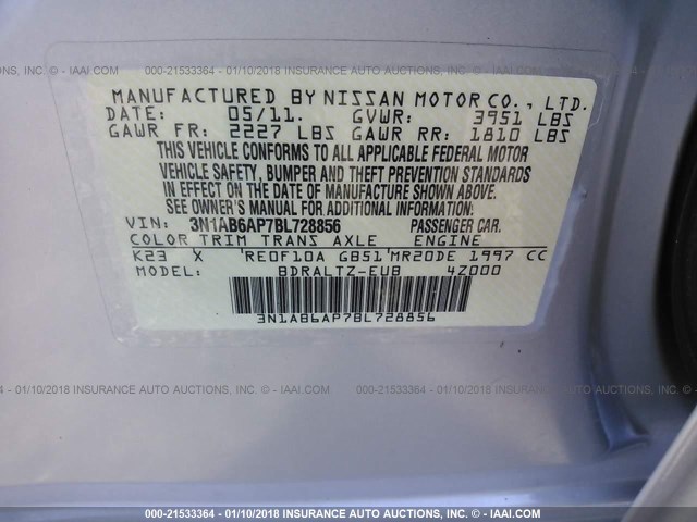 3N1AB6AP7BL728856 - 2011 NISSAN SENTRA 2.0/2.0S/SR/2.0SL SILVER photo 9