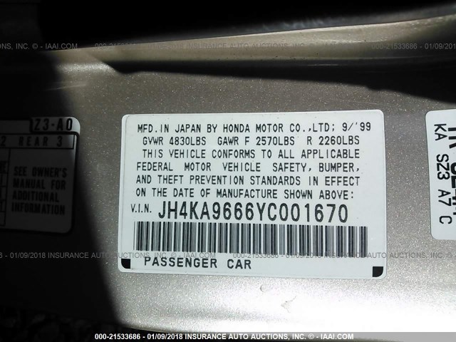 JH4KA9666YC001670 - 2000 ACURA 3.5RL GOLD photo 9