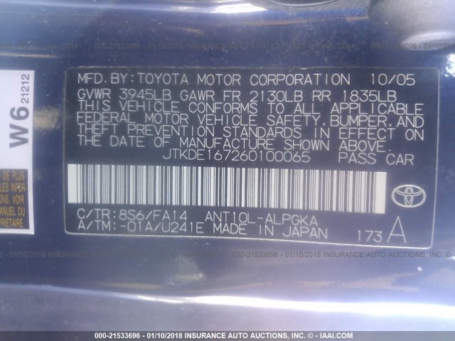 JTKDE167260100065 - 2006 TOYOTA SCION TC 蓝色 照片 9