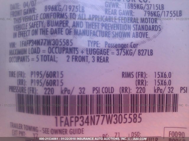 1FAFP34N77W305585 - 2007 FORD FOCUS ZX4/S/SE/SES 白色 照片 9