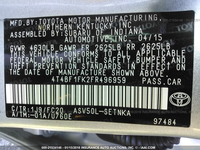 4T4BF1FK2FR496959 - 2015 TOYOTA CAMRY LE/XLE/SE/XSE Silber Foto 9