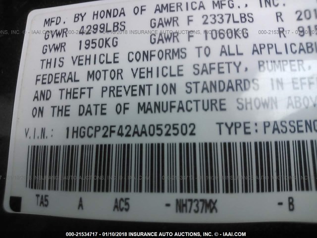 1HGCP2F42AA052502 - 2010 HONDA ACCORD LXP GRAY photo 9