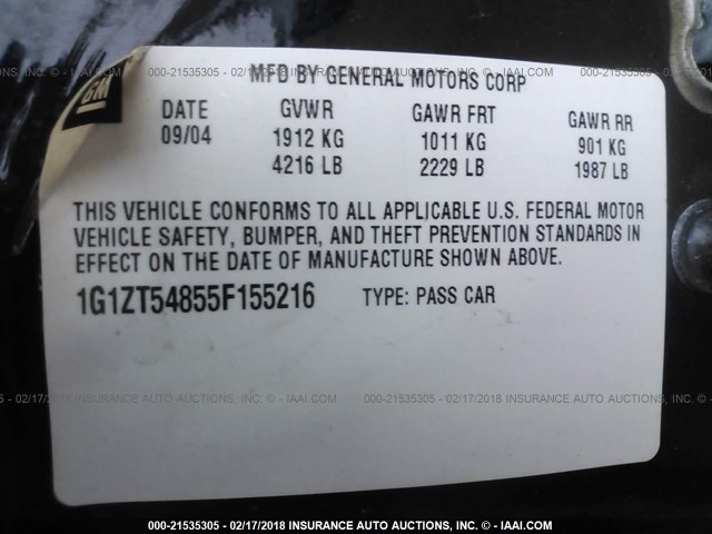 1G1ZT54855F155216 - 2005 CHEVROLET MALIBU LS Mavi foto 9