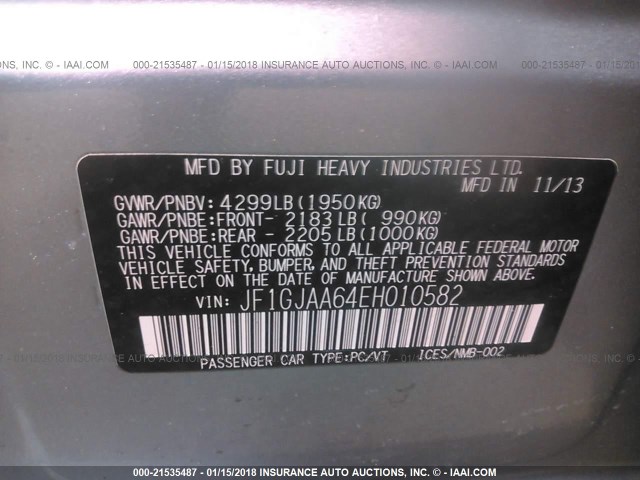 JF1GJAA64EH010582 - 2014 SUBARU IMPREZA GRAY photo 9