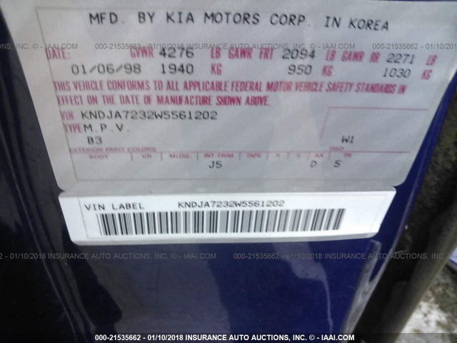 KNDJA7232W5561202 - 1998 KIA SPORTAGE BLUE photo 9