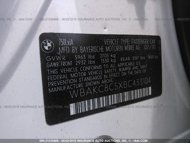 WBAKC8C5XBC433104 - 2011 BMW 750 LXI WHITE photo 9