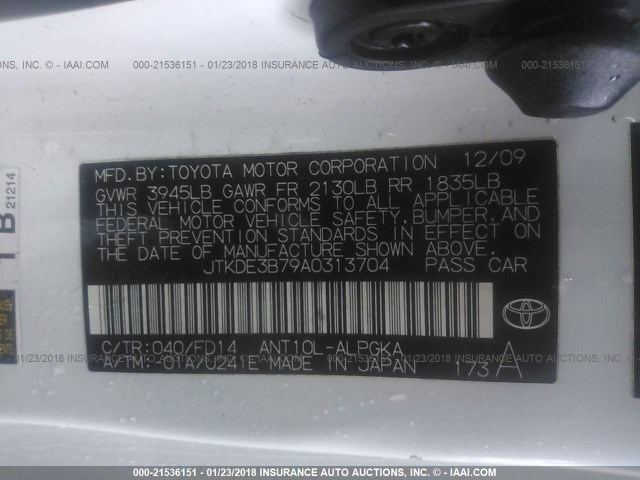 JTKDE3B79A0313704 - 2010 TOYOTA SCION TC 白色 照片 9