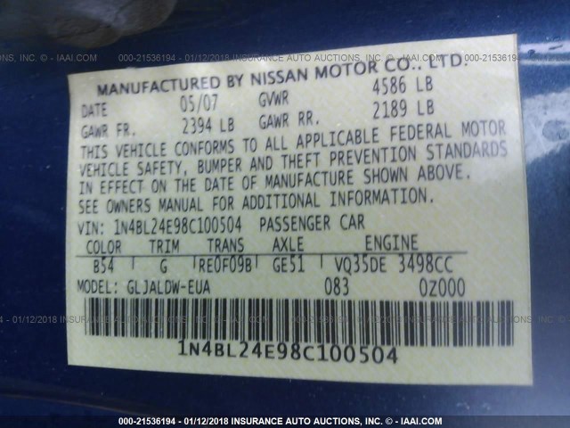 1N4BL24E98C100504 - 2008 NISSAN ALTIMA 3.5SE BLUE photo 9