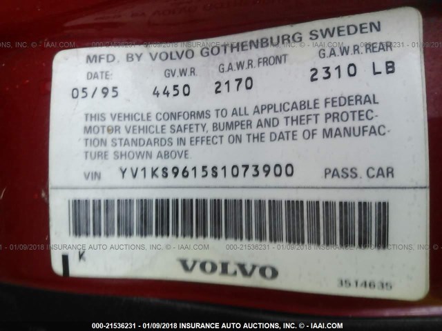 YV1KS9615S1073900 - 1995 VOLVO 960 RED photo 9