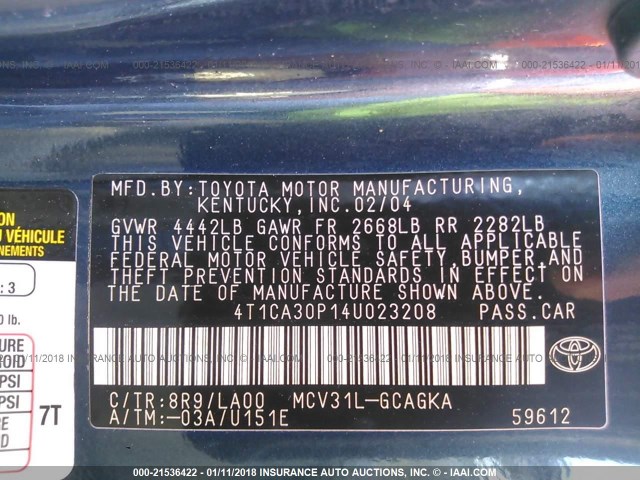 4T1CA30P14U023208 - 2004 TOYOTA CAMRY SOLARA SE/SLE ლურჯი ფოტო 9