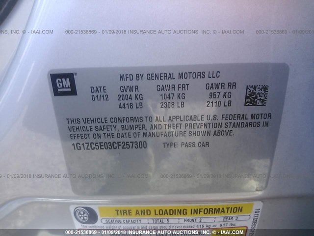 1G1ZC5E03CF257300 - 2012 CHEVROLET MALIBU 1LT 银色 照片 9