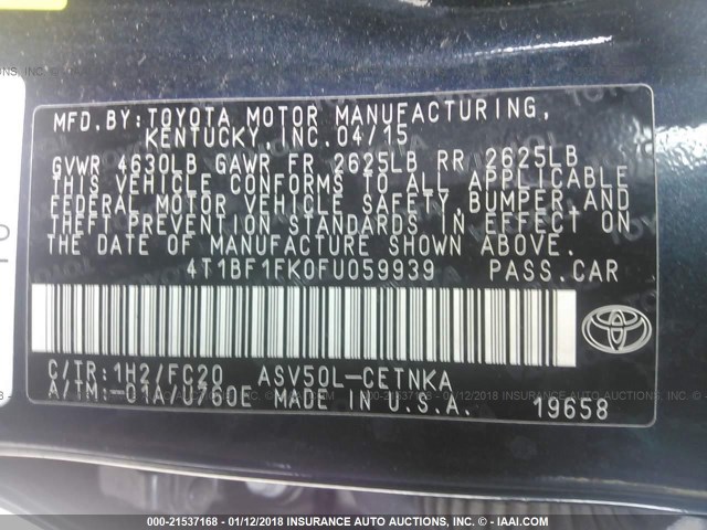 4T1BF1FK0FU059939 - 2015 TOYOTA CAMRY LE/XLE/SE/XSE BLACK photo 9