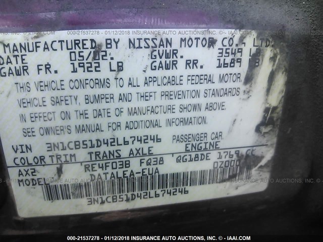 3N1CB51D42L674246 - 2002 NISSAN SENTRA XE/GXE MAROON photo 9