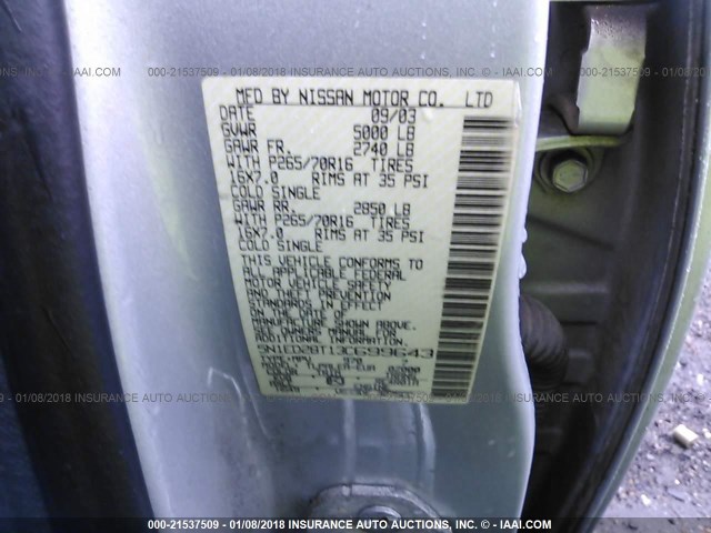 5N1ED28T13C699643 - 2003 NISSAN XTERRA XE/SE SILVER photo 9