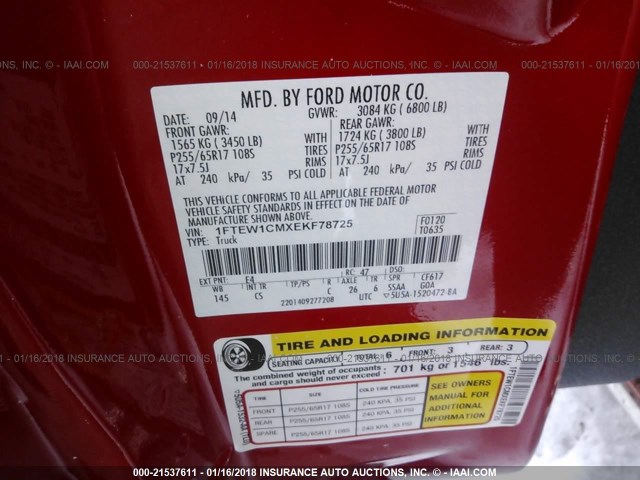 1FTEW1CMXEKF78725 - 2014 FORD F150 SUPERCREW RED photo 9