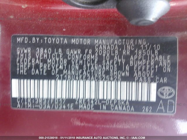 2T1BU4EE3AC525425 - 2010 TOYOTA COROLLA S/LE/XLE RED photo 9