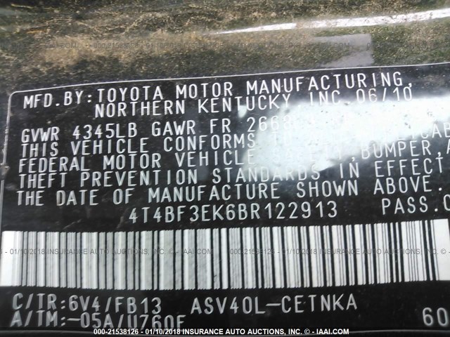 4T4BF3EK6BR122913 - 2011 TOYOTA CAMRY SE/LE/XLE GREEN photo 9