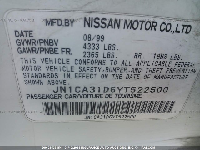 JN1CA31D6YT522500 - 2000 NISSAN MAXIMA GLE/GXE/SE WHITE photo 9