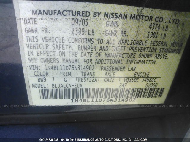 1N4BL11D76N314902 - 2006 NISSAN ALTIMA SE/SL/SE-R BLACK photo 9