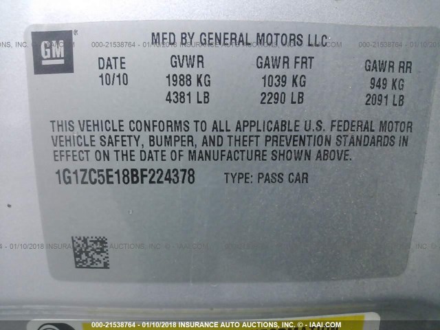 1G1ZC5E18BF224378 - 2011 CHEVROLET MALIBU 1LT 银色 照片 9