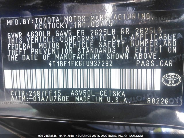 4T1BF1FK6FU937292 - 2015 TOYOTA CAMRY LE/XLE/SE/XSE შავი ფოტო 9