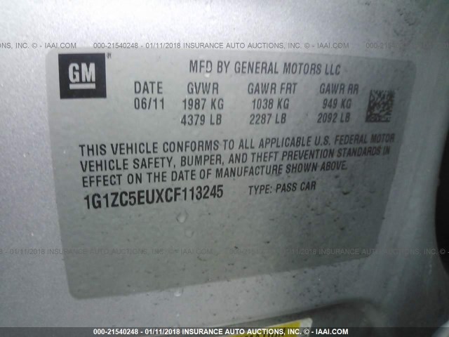 1G1ZC5EUXCF113245 - 2012 CHEVROLET MALIBU 1LT 银色 照片 9
