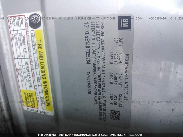 1G1ZC5E14BF335784 - 2011 CHEVROLET MALIBU 1LT 银色 照片 9