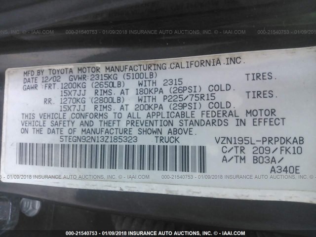 5TEGN92N13Z185323 - 2003 TOYOTA TACOMA DOUBLE CAB PRERUNNER GREEN photo 9